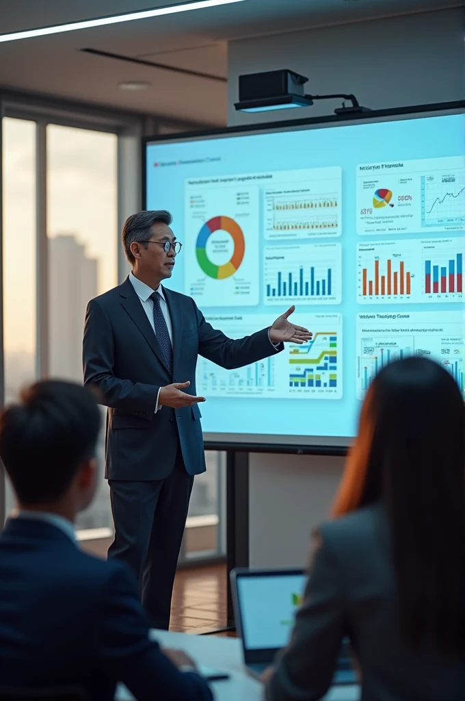 A mắn in his office is giving presentation on smart board
