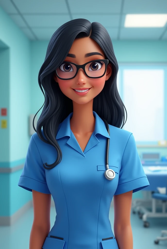 Animated nurse with black glasses Indian with long black straight hair in blue uniform 
