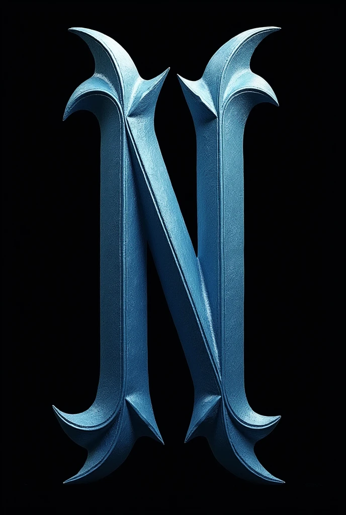 Giant Gothic Letter N, 3D, sky blue, with completely black background, without anything below.
