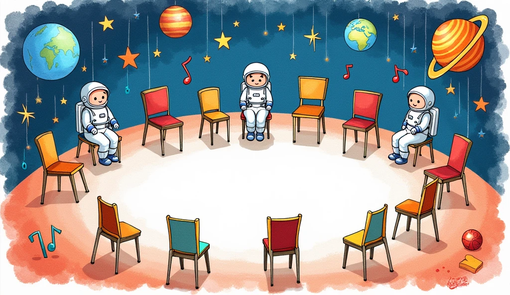 Child's drawing of a frame made of colorful notes, Astronauts and Planets, which are arranged around a circle of chairs made up of individual, empty chairs
