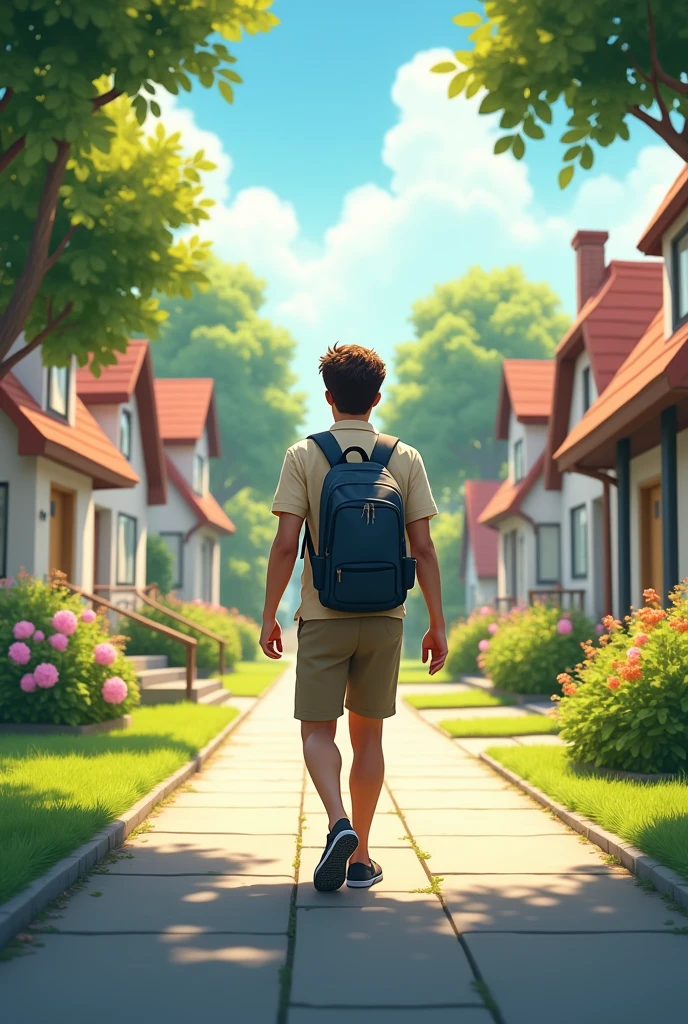 A sunny day in a quiet town. Max, A 25-year-old man, He leaves his house with a backpack, ready to go to work.