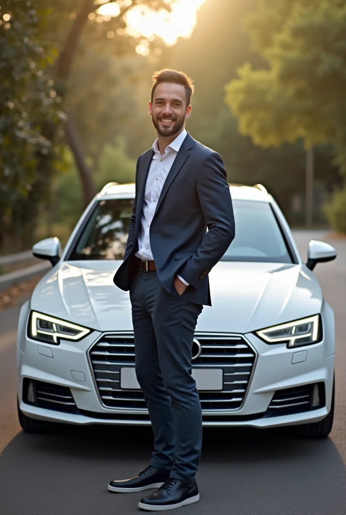 A smilling male person is staying in front of Audi A4 2011 white colour car as a owner of the car. The person have glorious smile. The image should be captured in the way that the full car is appeared with balancing with sorrounding.