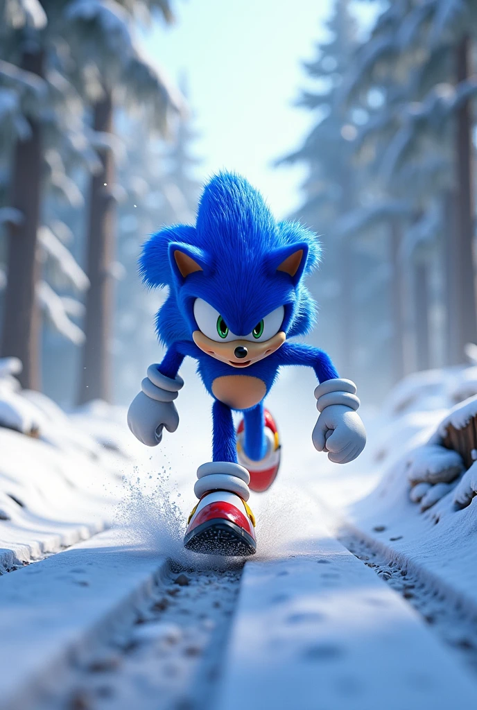 Sonic running in a snowy forest