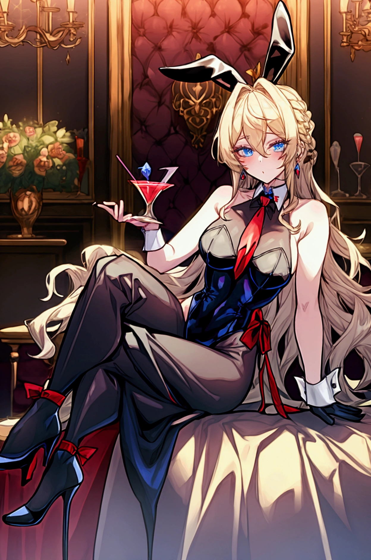 High heels,Black shiny bunny suit,Braided on the side of the waist of the bunny suit,Cocktail glass in hand,Hairstyle: voluminous long waves,Blonde Hair,Blue Eyes,Red ribbon tie around the neck,Gemstone earrings,I&#39;m sitting on a chair at the bar counter