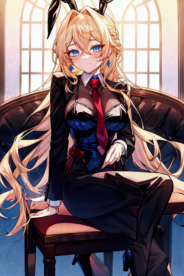High heels,Black shiny bunny suit,Braided on the side of the waist of the bunny suit,Cocktail glass in hand,Hairstyle: voluminous long waves,Blonde Hair,Blue Eyes,Red ribbon tie around the neck,Gemstone earrings,I'm sitting on a chair at the bar counter