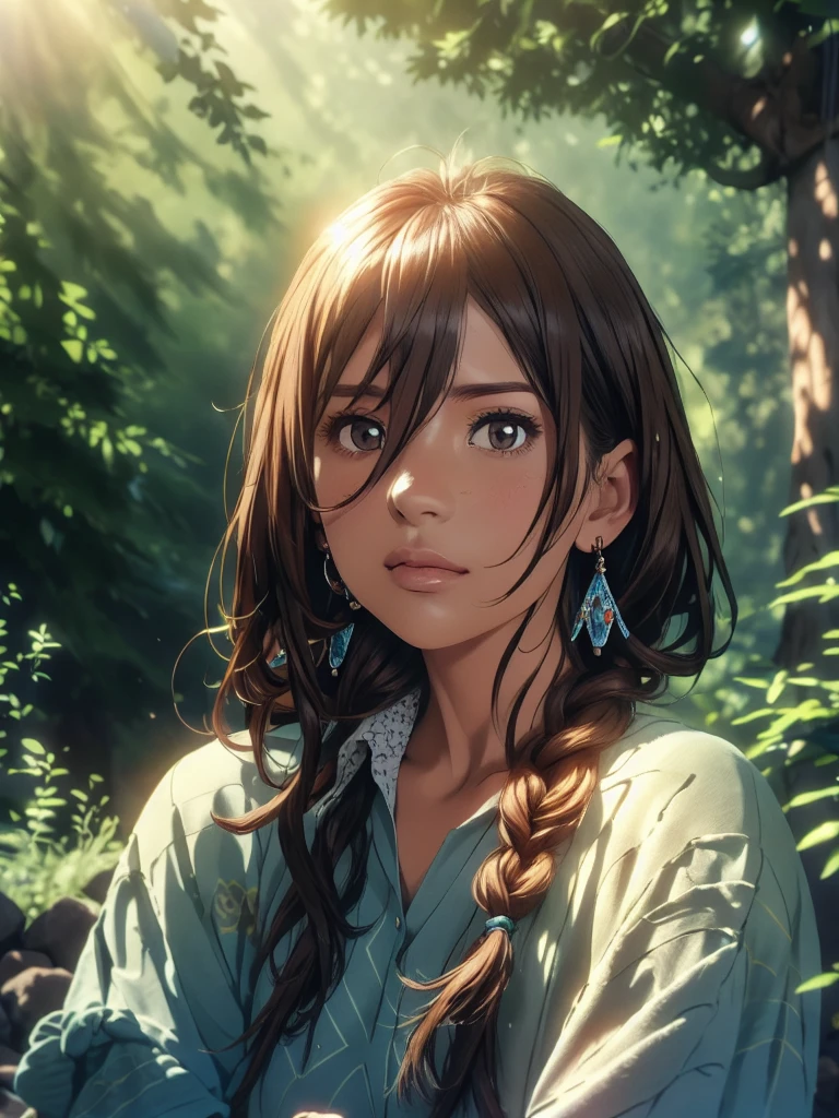 Create a anime style landscape image. Digital illustration featuring a young woman standing in a lush, sunlit forest. The style is highly detailed and vibrant, with a focus on natural lighting and intricate patterns. The woman has light skin, long brown hair styled in a loose braid, and expressive eyes. She is wearing a traditional, embroidered dress with red and blue geometric patterns, accessorized with matching earrings and bracelets. The sunlight filters through the trees, casting a warm glow on her and highlighting the surrounding greenery. The overall composition creates a serene and mystical atmosphere.