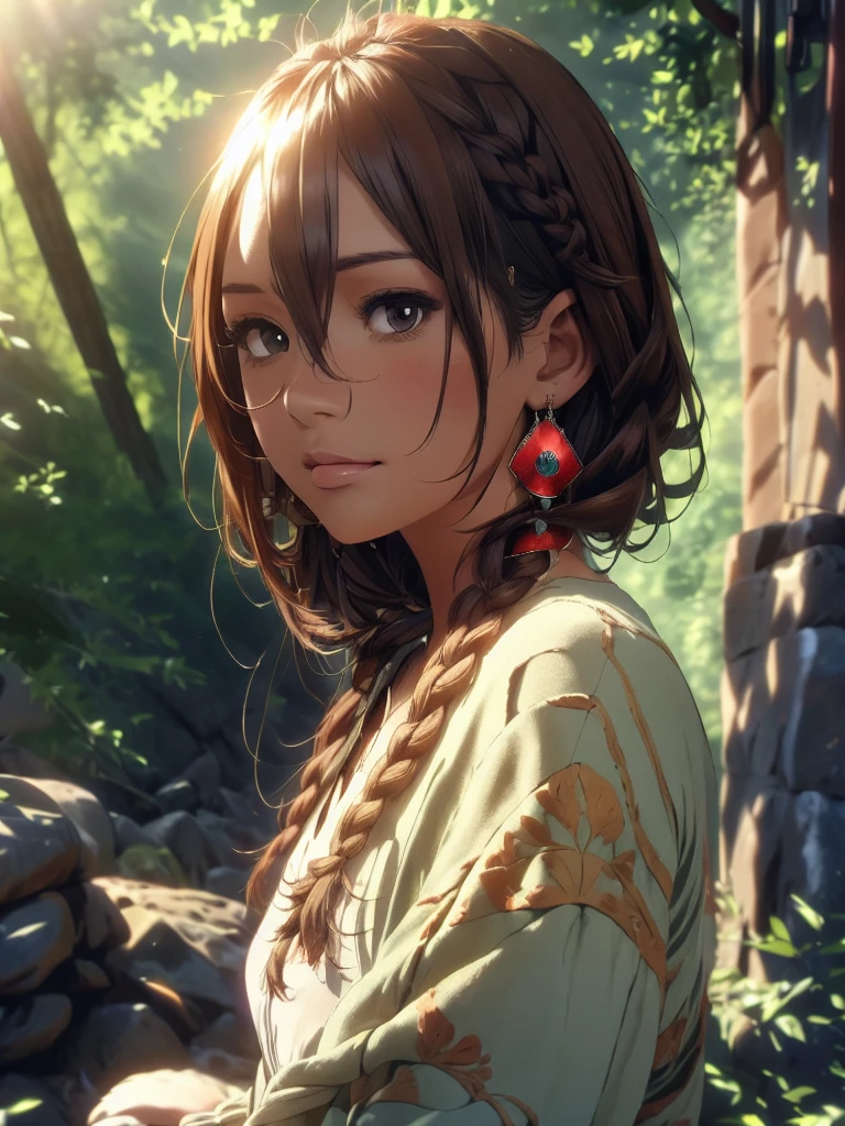 Create a anime style landscape image. Digital illustration featuring a young woman standing in a lush, sunlit forest. The style is highly detailed and vibrant, with a focus on natural lighting and intricate patterns. The woman has light skin, long brown hair styled in a loose braid, and expressive eyes. She is wearing a traditional, embroidered dress with red and blue geometric patterns, accessorized with matching earrings and bracelets. The sunlight filters through the trees, casting a warm glow on her and highlighting the surrounding greenery. The overall composition creates a serene and mystical atmosphere.