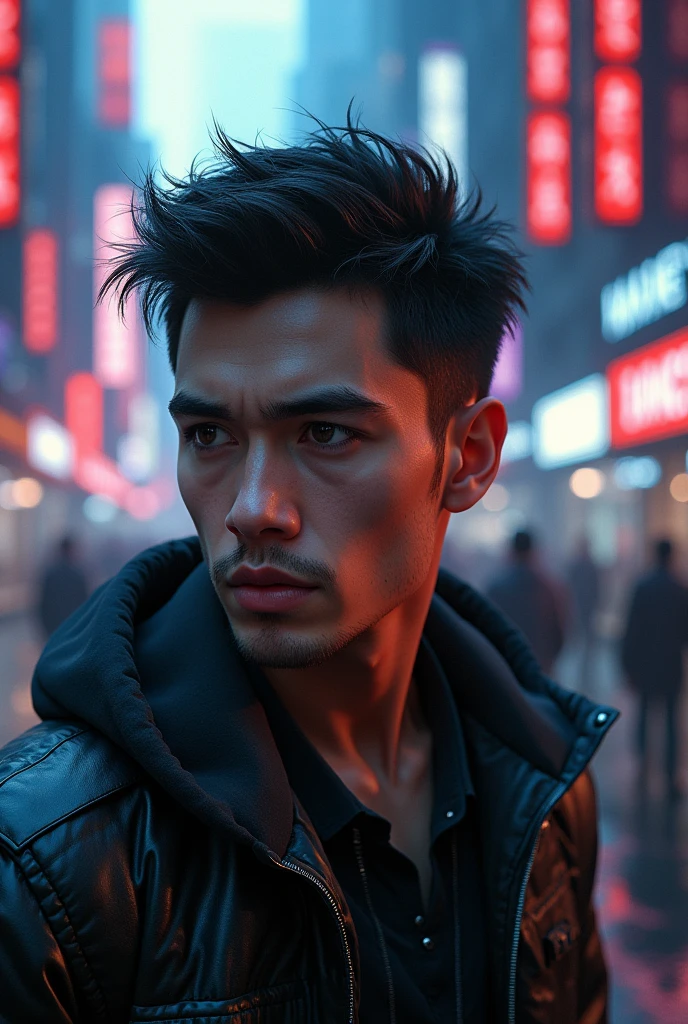 Change background cyberpunk handsome boy, realistic face, 8k, ultra realistic 