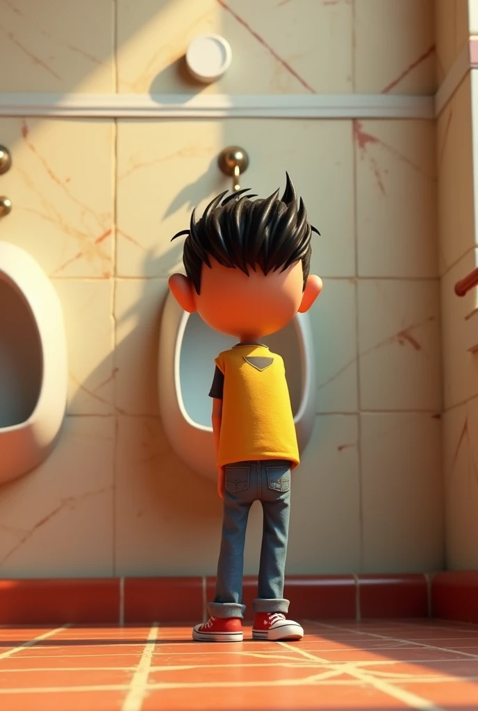 Askar sedang kencing di mangkuk urinal dinding. Disney pixar theme. Pandangan daripada belakang