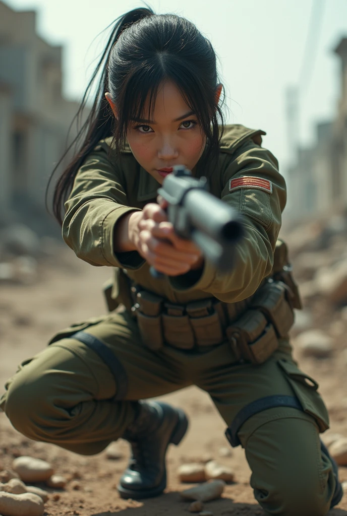 (highres:1.2),determined soldier,protecting,committed,brave fighter,sharp focus,(realistic:1.37),military uniform,strong posture,strong-willed,looking into the distance,flag waving,victory in sight,fierce determination,heroic act,patriotism,dedication,glorious battlefield,battle scars,grim expression,courageous heart,unyielding spirit,vivid colors,explosions in the background,intense atmosphere,clouds of smoke,dusty battlefield,war zone,gunfire and bullets,combat boots,weapon in hand,resolve,(battlefield painting:1.2),undaunted,defending my homeland --auto