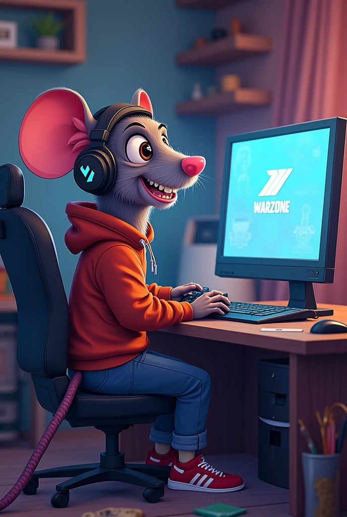 Create an image of a rat that is human with its teeth out that looks silly with gamer headphones and a controller and that they see themselves on their monitor playing Warzone and that the rat is called Santiago