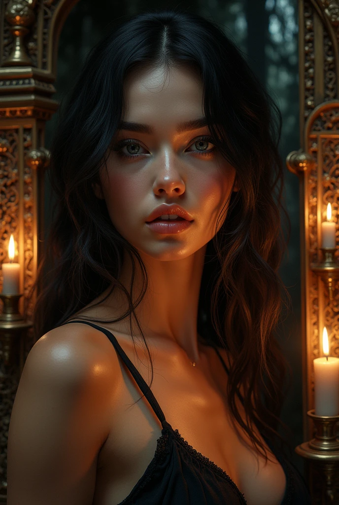1 girl, beautiful detailed eyes, beautiful detailed lips, extremely detailed face, long eyelashes, intricate voodoo temple interior, candles, mystical atmosphere, chiaroscuro lighting, dark moody colors, occult elements, ornate carvings, ancient artifacts, dramatic shadows, dramatic lighting, cinematic composition, dark fantasy, dark magic, moody atmosphere, gothic architecture, photorealistic, hyper detailed, masterpiece