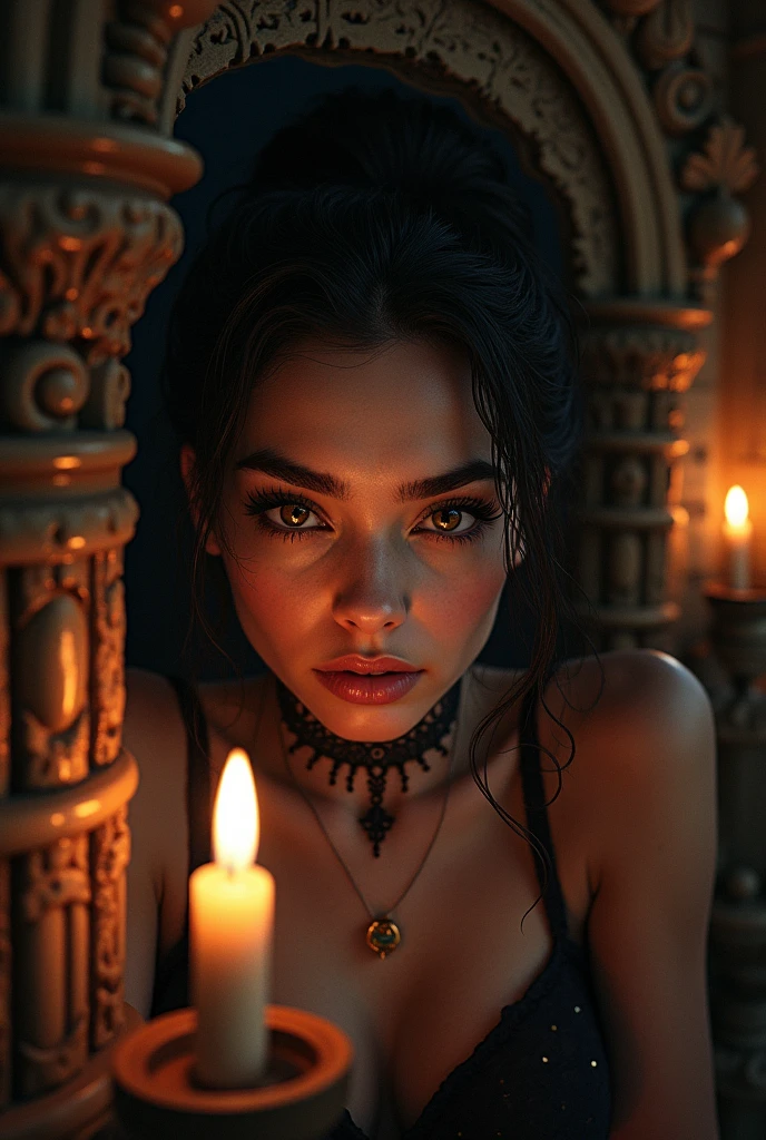 1 girl, beautiful detailed eyes, beautiful detailed lips, extremely detailed face, long eyelashes, intricate voodoo temple interior, candles, mystical atmosphere, chiaroscuro lighting, dark moody colors, occult elements, ornate carvings, ancient artifacts, dramatic shadows, dramatic lighting, cinematic composition, dark fantasy, dark magic, moody atmosphere, gothic architecture, photorealistic, hyper detailed, masterpiece