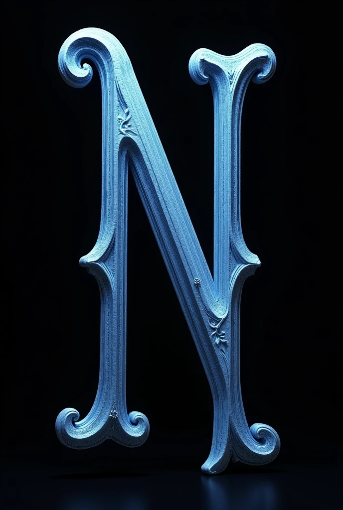 Giant Gothic Letter N, 3D, sky blue, with completely black background, without anything below.