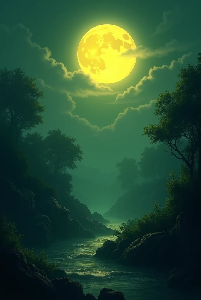 Landscape Nature with moon on night color dark green and dark yellow