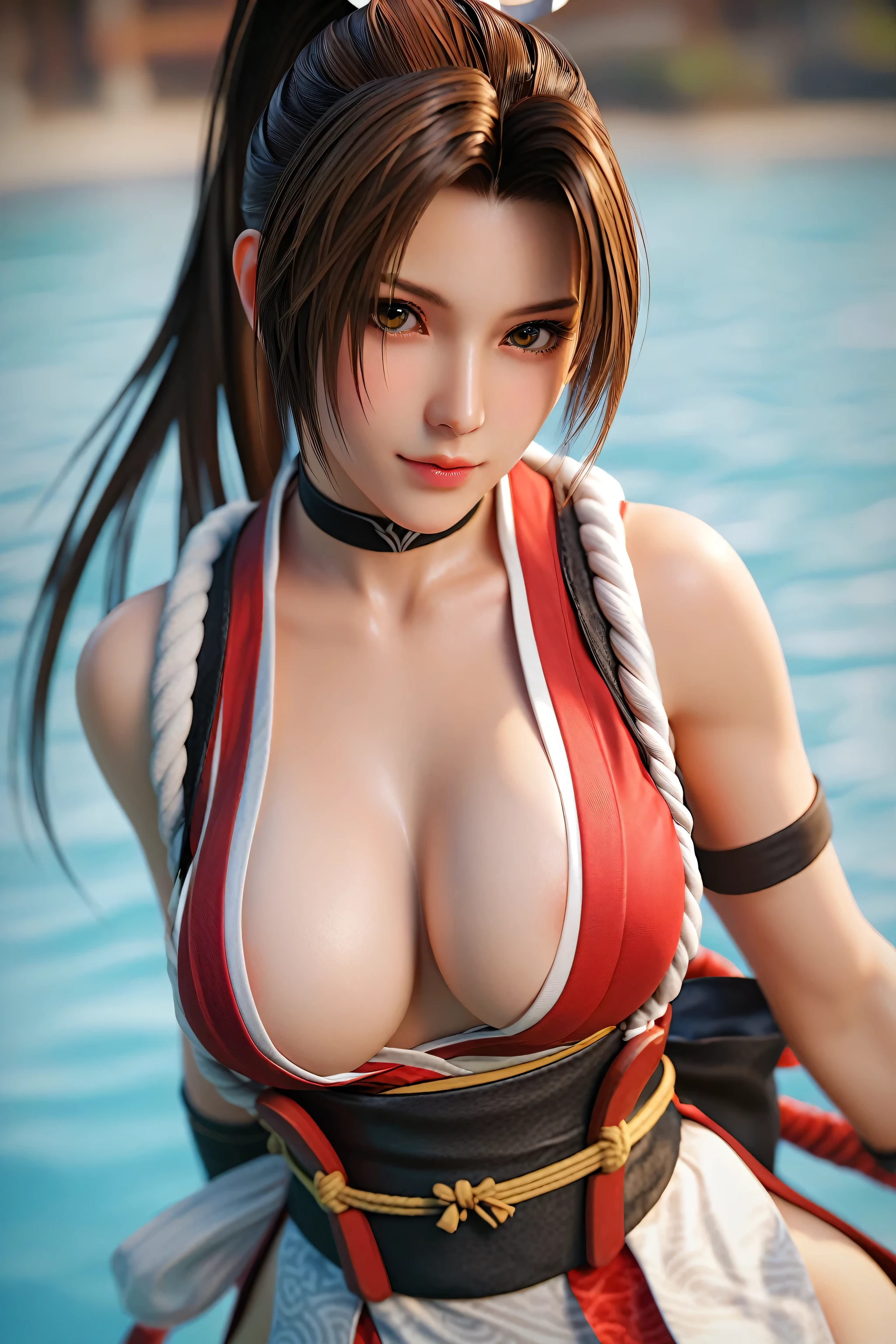 score_9, score_8_up, score_7_up, Girl's profile picture, realistic skin texture, detailed picture, close-up, HD32k, 1girl, solo, long hair, breasts, looking at viewer, large breasts, (extremely soft breasts, breasts apart), brown hair, cleavage, bare shoulders, brown eyes, closed mouth, upper body, ponytail, japanese clothes, sleeveless, choker, blurry, lips, parted bangs, sash, blurry background, high ponytail, rope, armband, ninja, shiranui mai,Painstaking Attention To Details