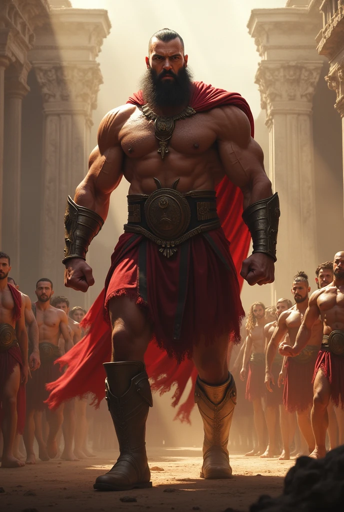 The arena falls silent as the mighty Ares steps forth, his muscular form casting an imposing shadow. His eyes burn with the intensity of a thousand battles as he scans the crowd, daring any challenger to face him. With a thunderous roar, he raises his fists, ready to unleash his fury upon any foolish enough to stand against him.