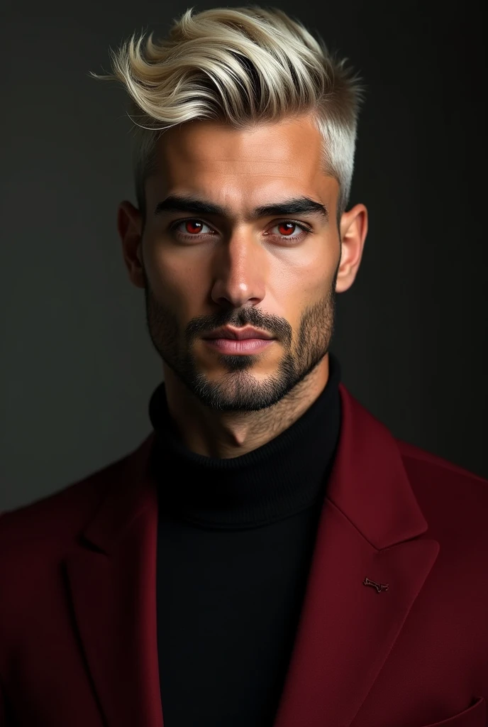 headshot of a very tall Arab-Egyptian featured male model, short platinum blond wavy textured swept back hair, long black stubble, lithe body, brown skin, vibrant red eyes, tall toned body. Professional expression. Wearing dark red and black clothes.