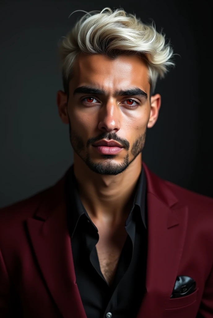 headshot of a very tall Arab-Egyptian featured male model, short platinum blond wavy textured swept back hair, long black stubble, lithe body, brown skin, vibrant red eyes, tall toned body. Professional expression. Wearing dark red and black clothes.