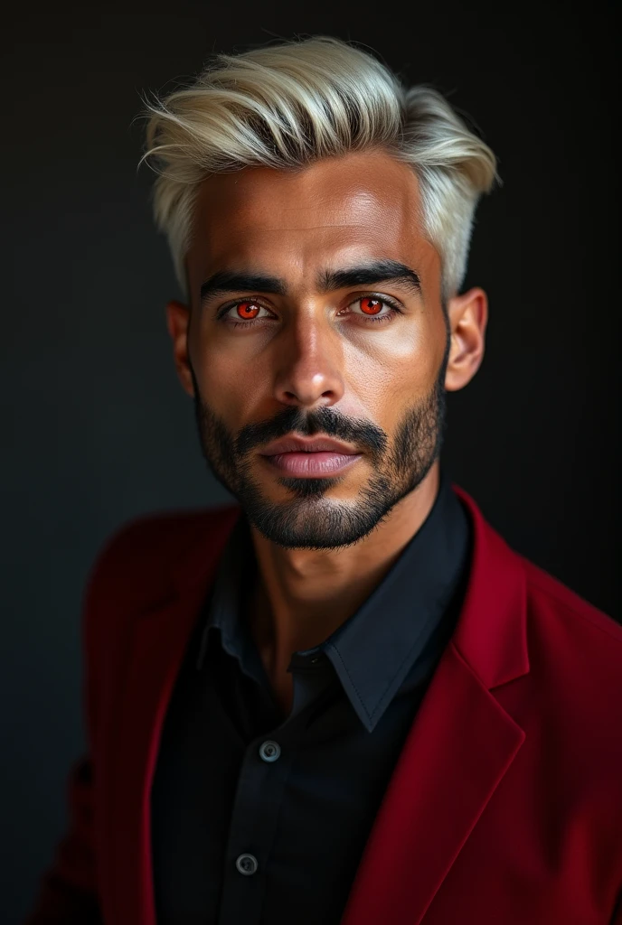 headshot of a very tall Arab-Egyptian featured male model, short platinum blond wavy textured swept back hair, long black stubble, lithe body, brown skin, vibrant red eyes, tall toned body. Professional expression. Wearing dark red and black clothes.