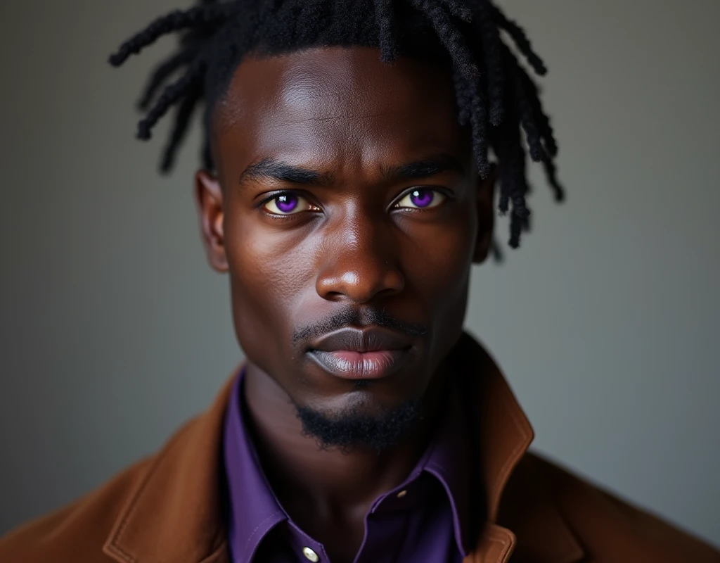Photograph headshot of a very tall French-Nubian featured male model, wavy hair parted to the side hair, shaved chin, shaved upper lip, toned body, ebony skin, vibrant purple eyes, tall thin toned body. Kind expression. Wearing brown and purple clothes.