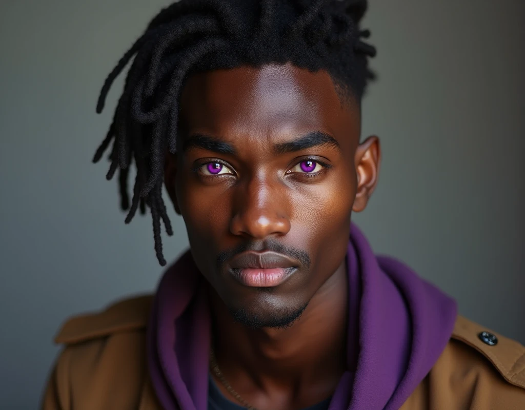 Photograph headshot of a very tall French-Nubian featured male model, wavy hair parted to the side hair, shaved chin, shaved upper lip, toned body, ebony skin, vibrant purple eyes, tall thin toned body. Kind expression. Wearing brown and purple clothes.