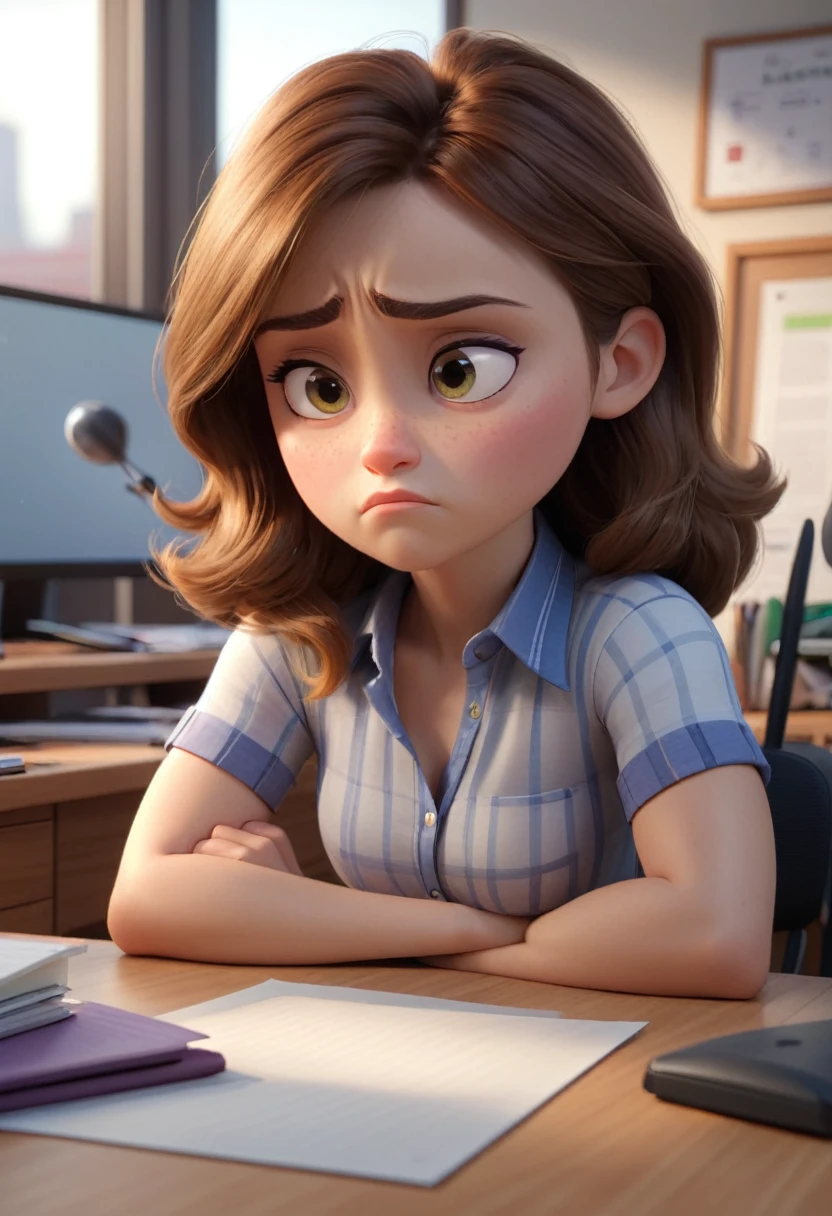 the muscular and mature girl sitting in her office, she is sad, wearing a shirt. Close up. High quality Pixar hyper realistic image. 4k