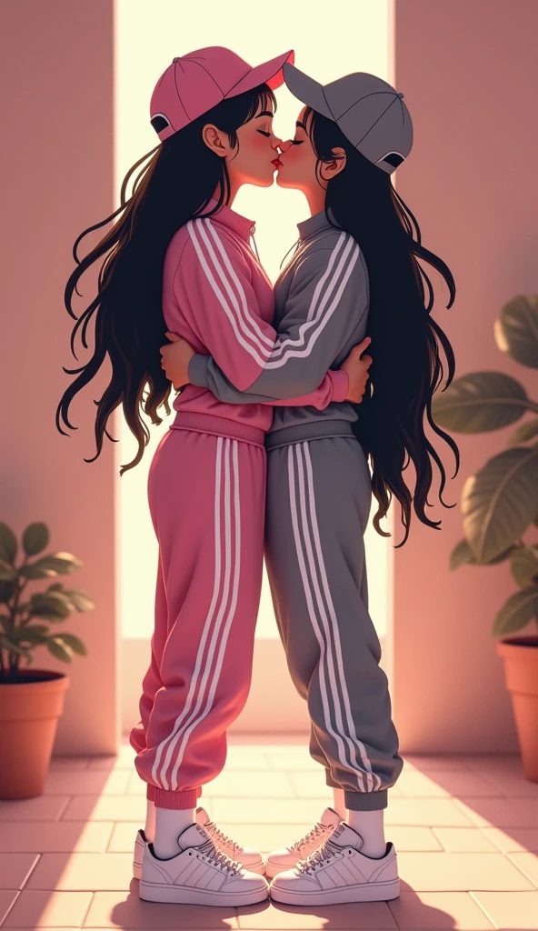 Two young womens long black hairs, yuri
The first young women wear a pink adidas pants, pink cap, white socks, white Adidas sneakers.
The second young women wore a grey adidas pants, grey cap, white socks, white Adidas sneakers.
French kiss, lesbian kiss, hugging, sensual body, closed eyes, novel cartoon, 4K, HD