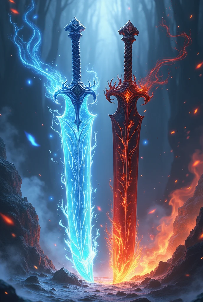 anime drawing. double dagger one of ice the other of black fire