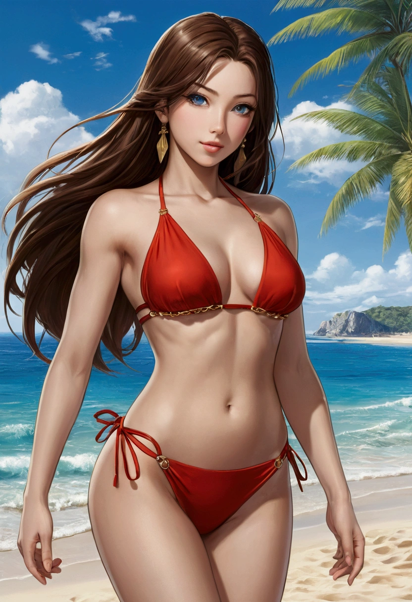 Create an image of a stunning anime-style girl named Ibuuki standing confidently on a beach. Ibuuki has a tall and athletic build, standing at 175 cm with broad shoulders and muscular, toned arms. Her long, flowing brown hair cascades down her back, and her striking grey-blue eyes give her a captivating and alluring presence.
She is wearing a fiery red, strappy micro-bikini with a plunging neckline that reveals her shoulders and collarbones. The bikini top has thin, crisscrossing straps that barely cover her flat chest. The bikini bottom is an ultra high-cut thong, tied at the sides, accentuating her wide hips, big butt, and powerful thighs. Her legs are strong with well-defined calves, and the thong cut leaves her curvy butt mostly exposed.
Her skin is sun-kissed, with a shimmering body oil applied to enhance her natural glow, making her skin look dewy and inviting. A delicate gold belly chain wraps around her waist, adding a touch of elegance and drawing attention to her toned midriff.
The background is a vibrant, sunny beach with golden sand and a clear blue ocean, perfectly complementing her radiant, fiery appearance. The overall mood should be one of confidence, allure, and irresistible seduction.