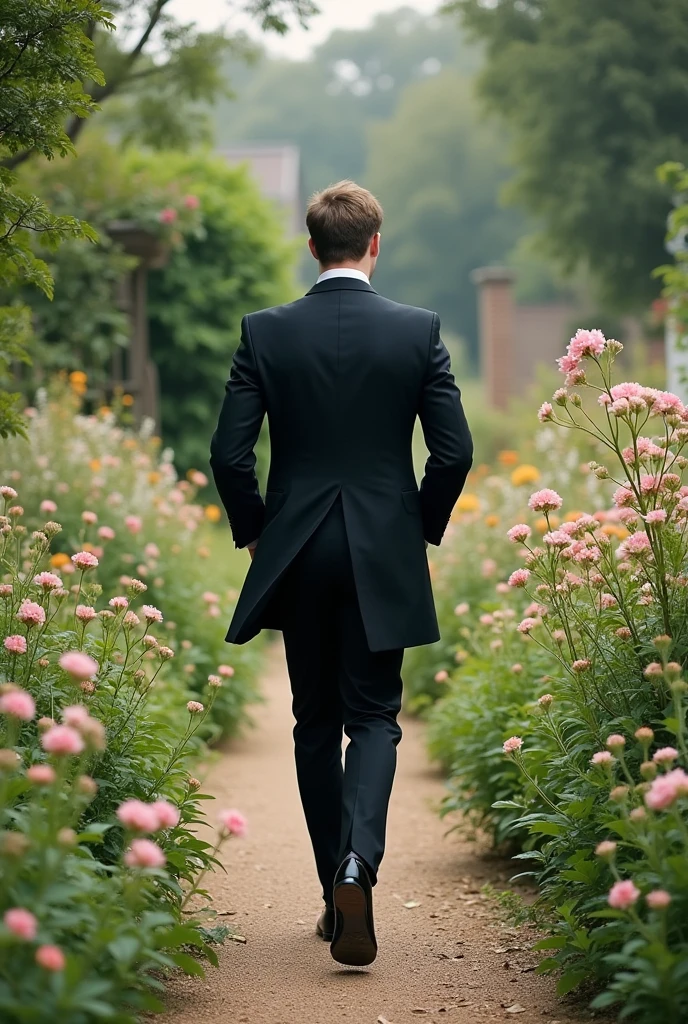 A groom walking backwards in the middle of a cottage garden. The photograph must be opaque