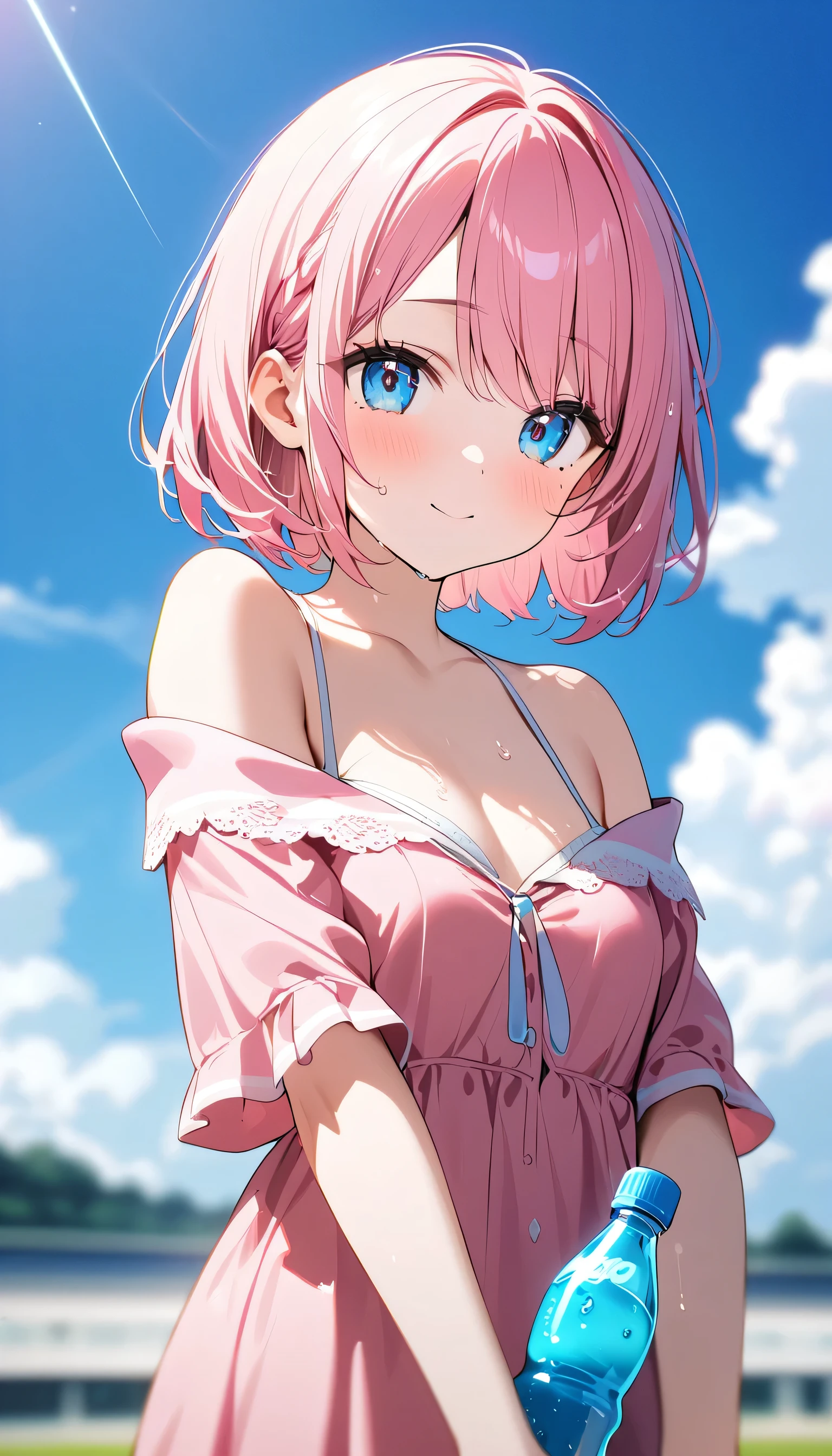 (1 girl),(The best image quality, 8k, masterpiece:1.3), (high school student:1.5), ((lobe pink fur:1.1)), (bob cut),(swept bangs), (cute eyes, black pupil, iris skyblue, youthful face), (mole under right eye), (Standard weight), (small breasts), (glowing skin:1.1),(Pale skin:1.2), ((Pink off-shoulder lace-up dress)),(Wet:1.1),(blue sky, blurred, blurred background, chromatic aberration, cloud, cloudy sky, day, depth of field, flash, outdoor, ramune, sky), (soda bottle).