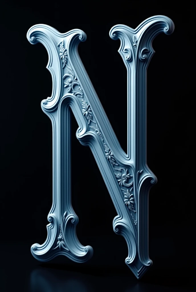 Giant Gothic Letter N, 3D, sky blue, with completely black background, without anything below.