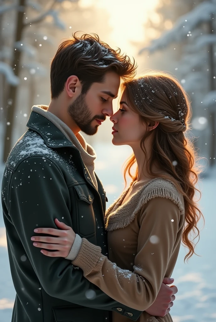 woman and man, brown hair light green eyes, looking at each other almost kissing, snow scene