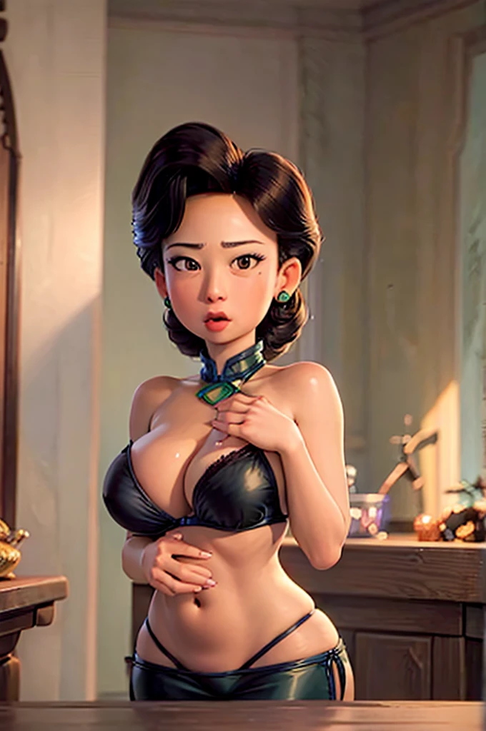 (masterpiece), Best Quality, expressive eyes, perfect face, Detailed hands, Detailed anatomy, perfect anatomy, detailed nails, Ming Lee, black fur, bikini green sexy, visible chest, (((big breasts)))