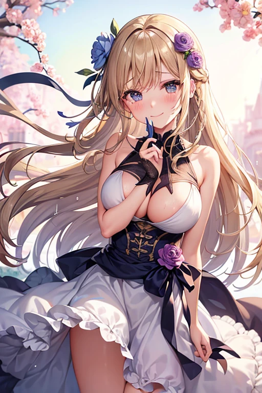 Marguerite Breuil,Rose,beautiful,masterpiece, smile, Blonde, goddess,Blushing, tears, Hair Flower, Hair blowing in the wind, Two braids hanging down on either side, Super long hair, Wet Hair, Large Breasts, Deformed cheek blush, happiness/joy, Are crying, smiling, Droopy eyes, I want to cry, Cry with your eyes open, Sparkling eyes, Cover your mouth with something, laughing, Sad, tearsを流す, Flower Eyes, 嬉しtears, anxiety, smile, Big glitter eyes, Sense of guilt, Long eyelashes, Sparkling eyes, 