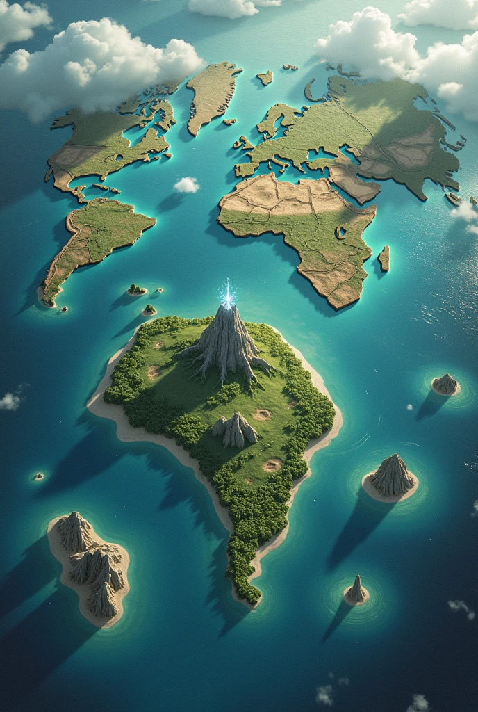 A world map, nothing similar to our world with 4 to 6 continents are connected with little islands here and there. And a isolated island surrounded by fog and whirlpool