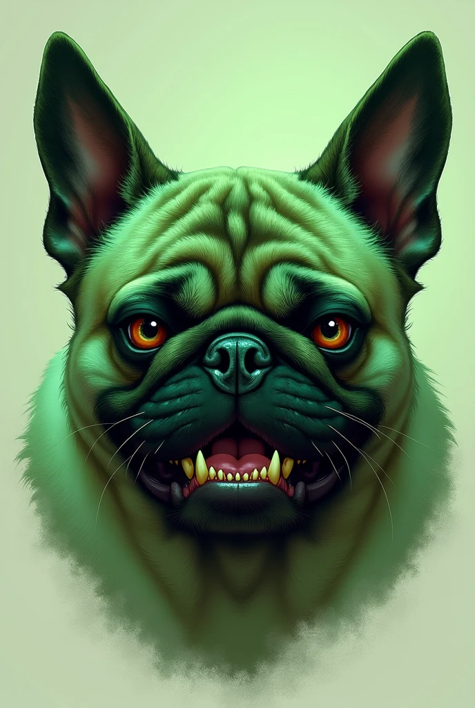 Green pug drawing with an evil face, just the face