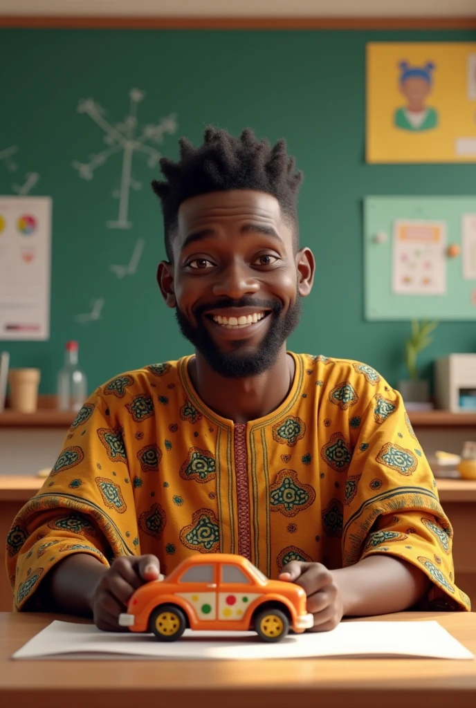 Male Ghanaian teacher driving a toy car