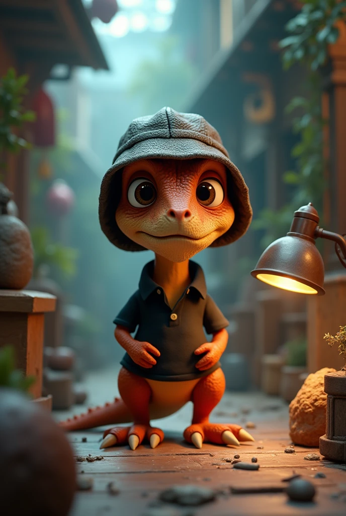 3d animated little dinosaur being detective wearing black polo shirt