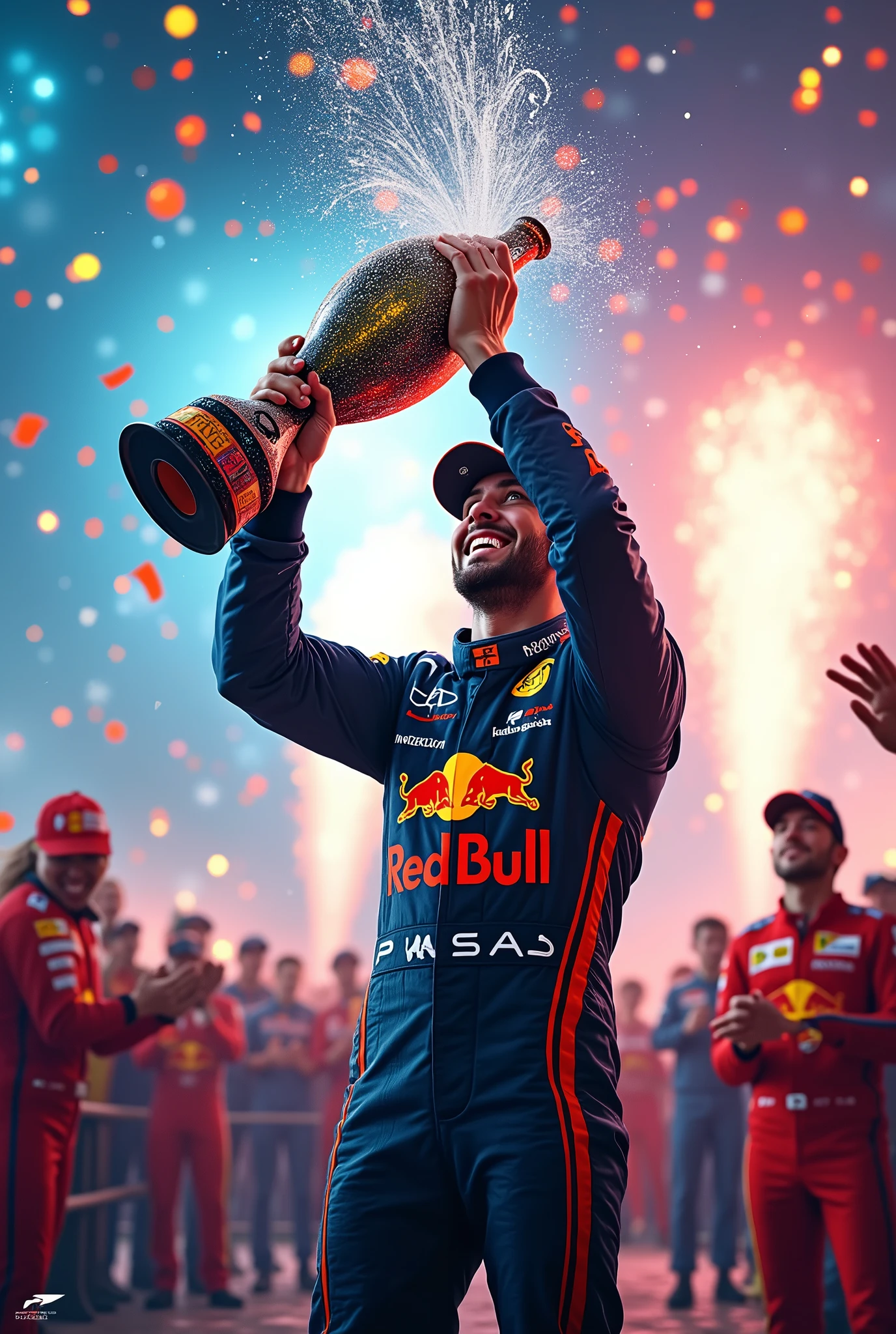 A Formula 1 driver stands victorious on the podium, drenched in champagne, with a trophy held high above their head. The scene is electric as colorful confetti rains down, and fireworks explode in the sky above. The driver’s face beams with pure elation, surrounded by their jubilant team, who are clapping and cheering. The air is filled with the sound of celebration, the roar of the crowd, and the sparkle of lights reflecting off the champagne and the trophy, capturing the ultimate moment of triumph and joy. 8k hiperrealistic (blue and yellow colors)