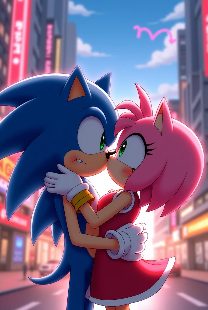 Sonic kissing Amy in a city