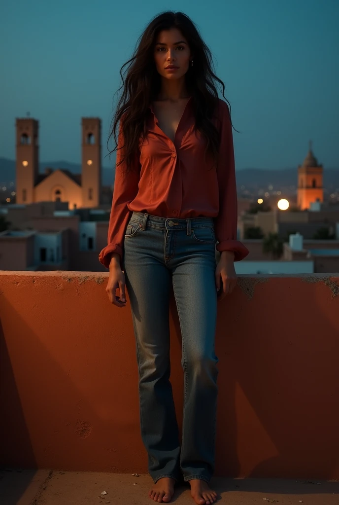 (une femme   ), marocaine, seul , la femme avec  cheveux longs, résistance ( la femme  porte un jean ,Chemise en Satin De Soie pied nu ), portrait (plan moyen), portrait, gros plan, point de vue , fond (nuit , Au dessus du toit et près du mur du toit  , mosquée marocaine , maisons lointaines, fenêtres éclairées, plafond, Veilleuse), (image réaliste, haute qualité, meilleure qualité : 1,55),