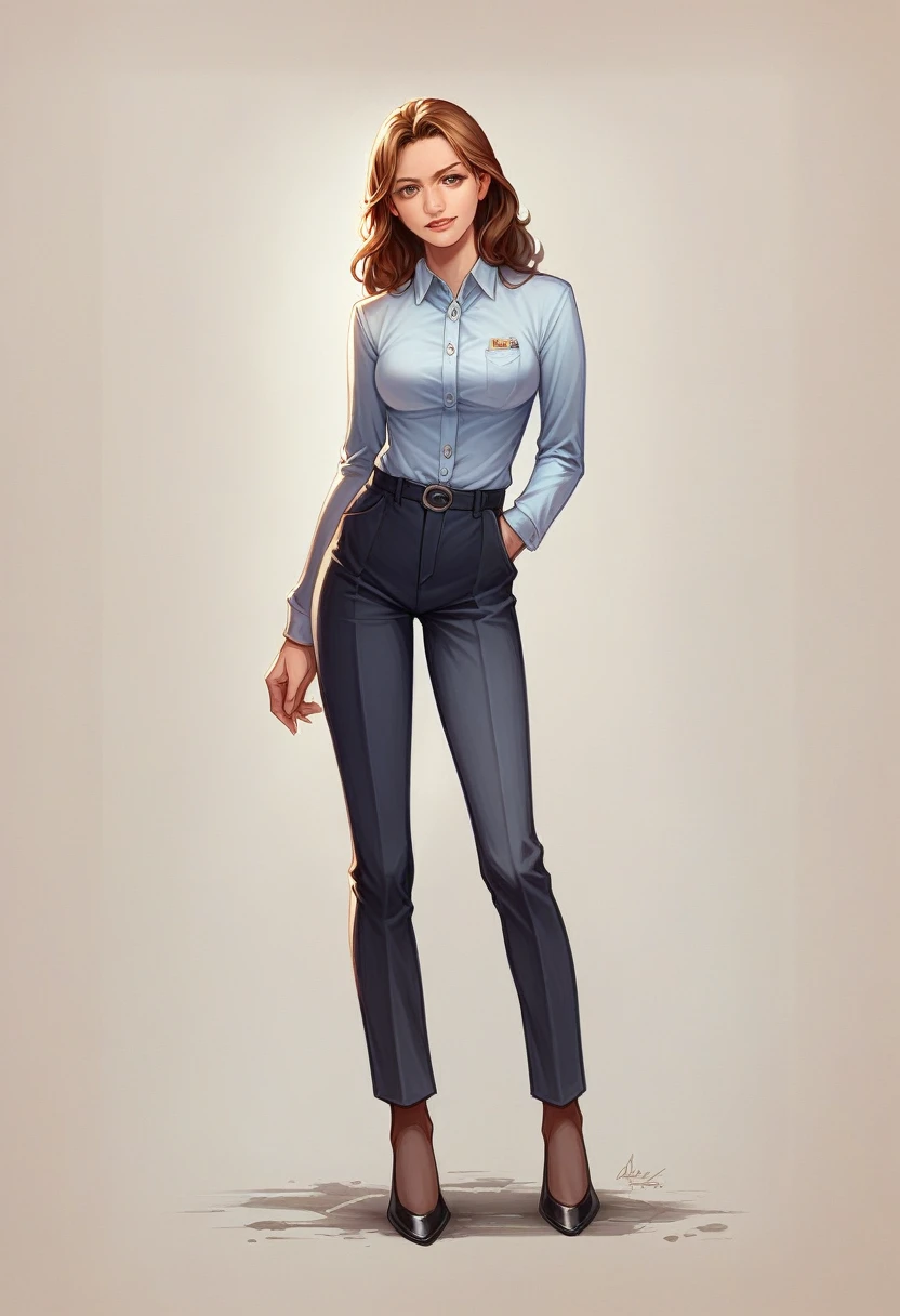 modelshoot style,Pam Beesly, (extremely detailed CG unity 8k wallpaper), full shot body photo of the most beautiful artwork in the world, in office outfit, High Detail, Sharp focus, dramatic, photorealistic painting art by midjourney and greg rutkowski  