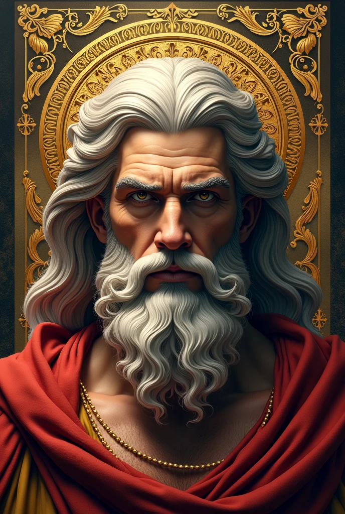 Make an image very similar to the Versace brand but with the face of Zeus frontally