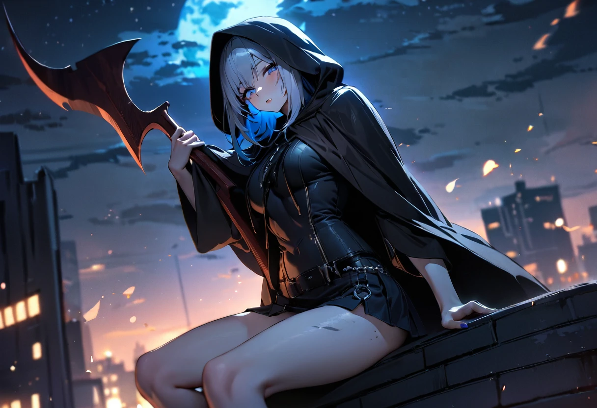 uhd, textured skin, high quality, high details, masterpiece, best quality, 1girl, grim Reaper, Twin tails, Black tattered cloak, Wearing a hood, mini skirt, (Big sickle, Perfectly shaped), Blue haze on left eye, ((Sitting on top of a building)), Moonlit Night, Familiar, Beautiful digital artwork