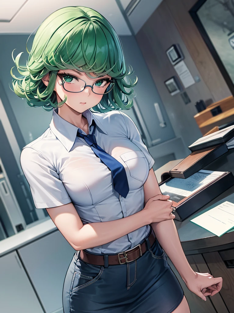 (high res, 8K, masterpiece, looking at viewer, best quality, very aesthetic, ultra detailed, ultra background, ultra Eyes) intricate details, 1girl, Tatsumaki, short sleeved white shirt, Light Blue Gray short skirt, Pockets on the left chest, Blue Gray tie, Wearing a belt, green short hair, green eyes, Normal Face, Background School Hallway, Cinematic Angle