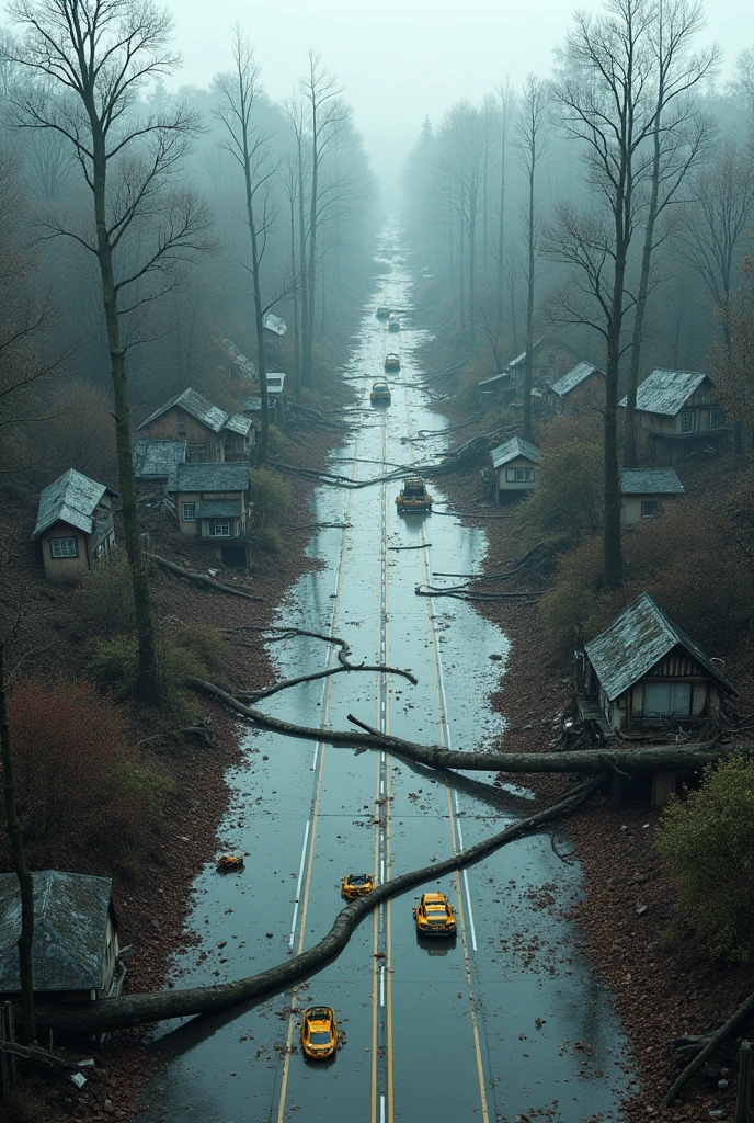 A lot of clamps, trees were broken, the flood water flooded and destroyed the houses! A lot of water on the road.