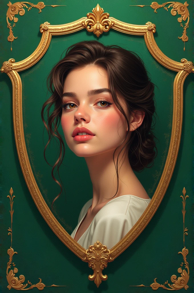 Create an identity shield with beauty features, modesty, charisma, the month of birth January, Harry Styles, romance and action movies, with the series de Anne whith a E, with the green color and the gym