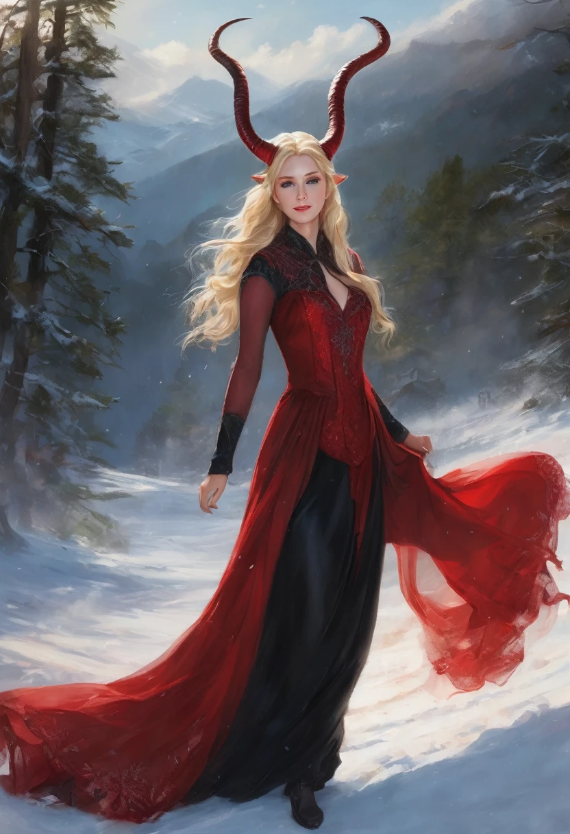 (masterpiece), (best quality), (many details), a woman, blonde hair reaching down to her bottom, a dress (red on top, black on bottom), smiling, horns, in a snowy landscape, green eyes